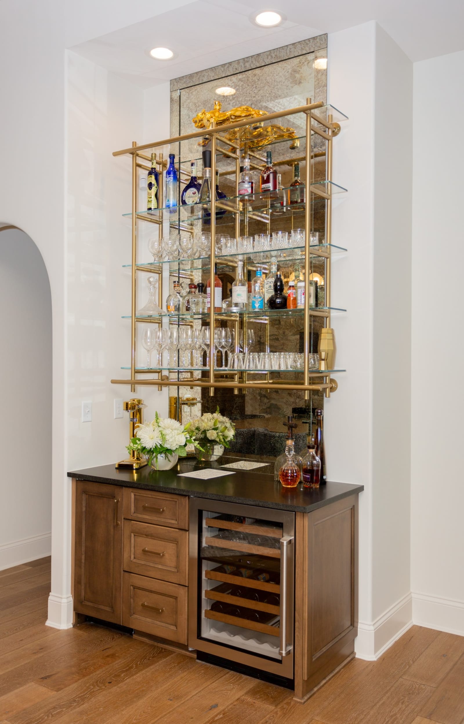 Finished bar cabinetry and shelving in a commercial interior