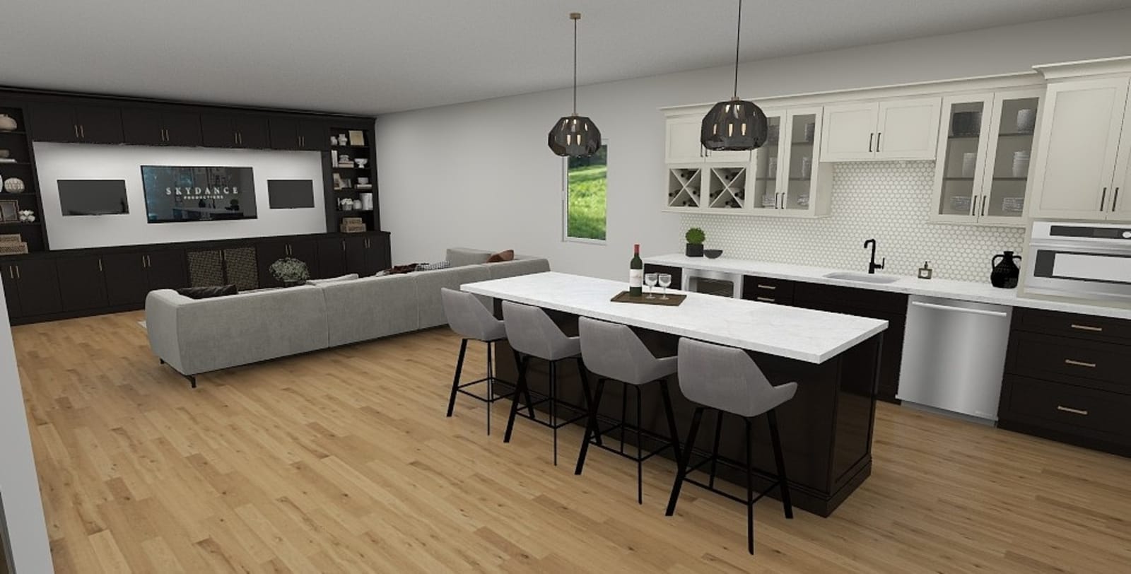 Finished lower level living space with built-in cabinetry and new flooring
